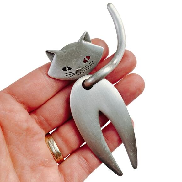 Vintage Signed JJ Large Articulated Cat Brooch Silver Tone Modernist Figural - Picture 2 of 10